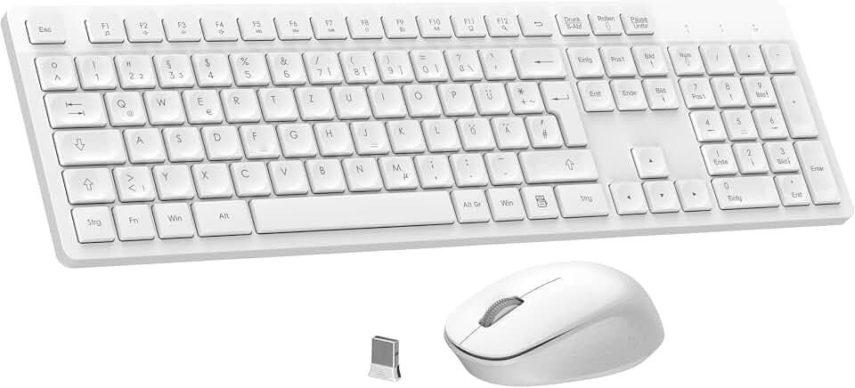 LeadsaiL K786 Tastatur Maus Set Kabellose, Tastatur und Maus, QWERTZ Deutsches Layout Funktastatur mit Maus, Flüsterleiser Tastenanschlag, 2.4 GHz mit 2-in-1 USB Nano Empfänger für PC/Laptop (Weiß)