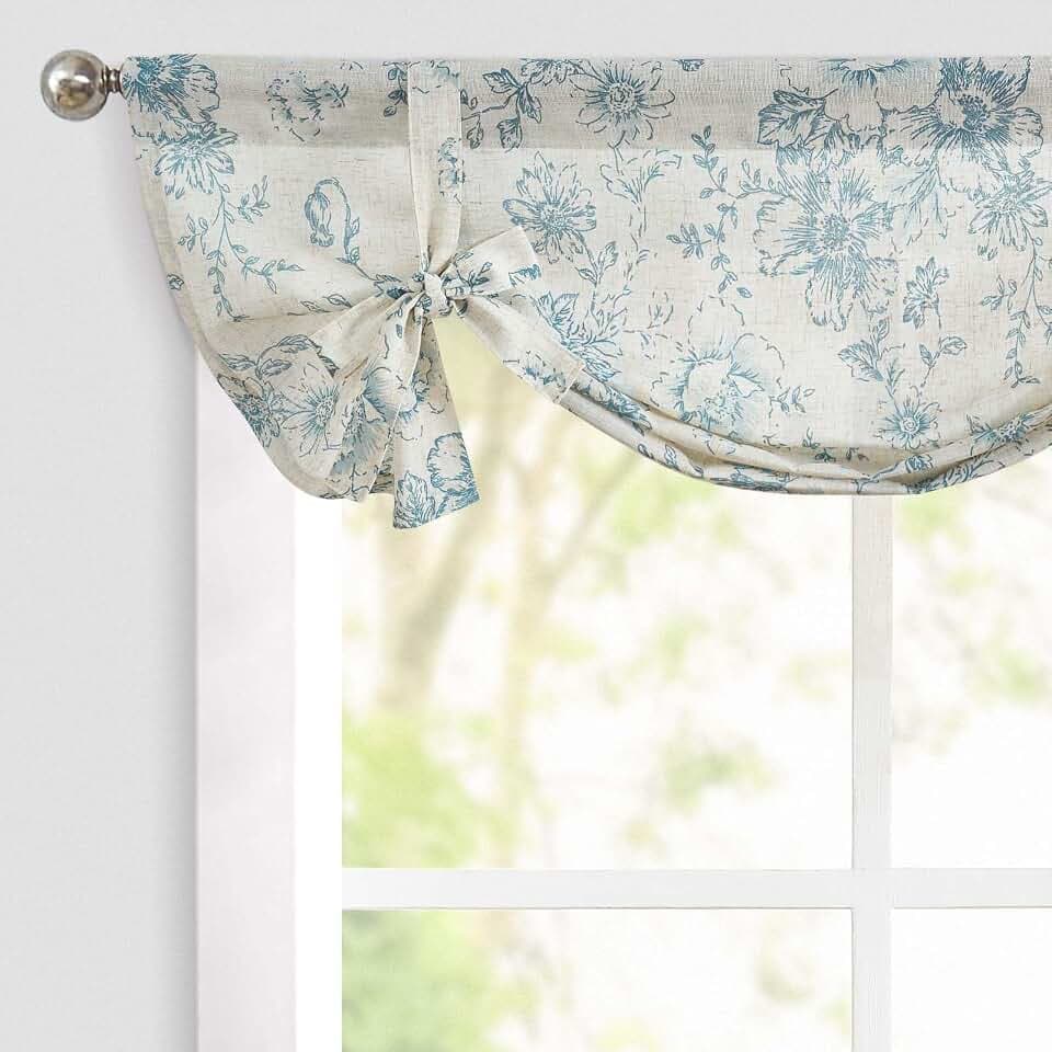 jinchan Tie Up Valance Curtain Floral for Windows 24 Inch 1 Panel Blue