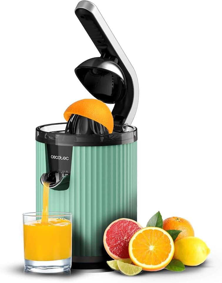 Cecotec Elektrische Zitruspresse mit Arm für Orangen und Zitrusfrüchte Xqueeze RetroJuice 600 Green. 600 W, Retro, Edelstahlfilter, Kunststoffkegel, Hebel zum Entfernen von Fruchtfleisch, Tropfschutz