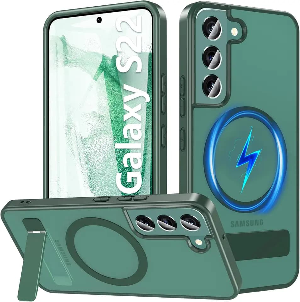 OWKEY for Samsung Galaxy S22 Case 6.1" Built-in Invisible Kickstand Compatible with MagSafe, Magnetic Shockproof Translucent Matte Slim Bumper Cover for Samsung Galaxy S22 Phone Case, Green