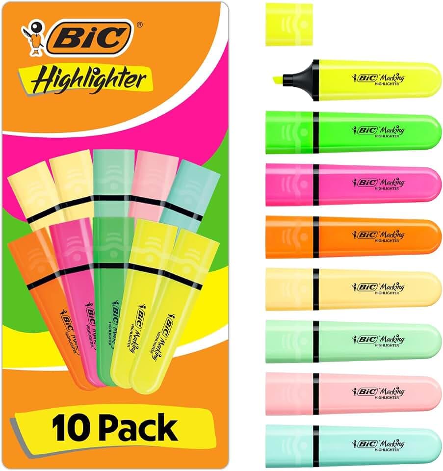 BIC Highlighter, Textmarker, 10er Pack, in verschiedenen Farben, mit Keilspitze, Strichstärke: 1,2 bis 4,6 mm, mit Austrocknungsschutz