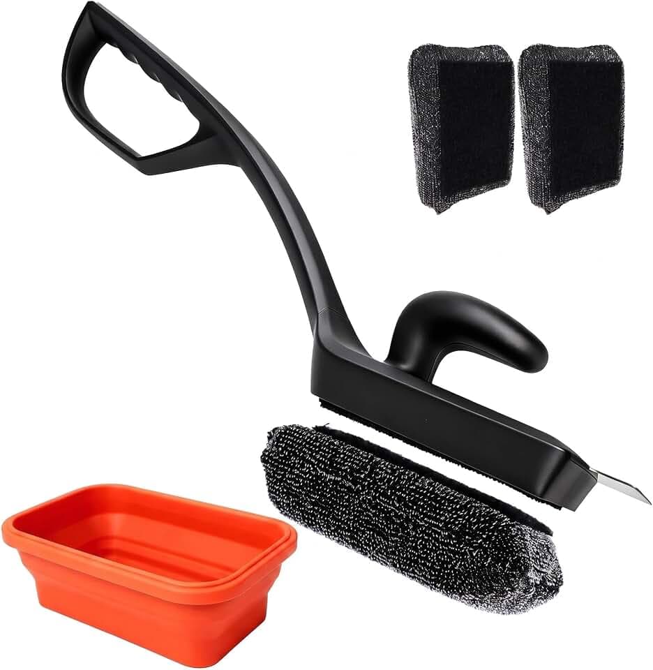 Bristle Free Griddle Brush for Blackstone, No Wire BBQ Grill Steam Cleaner with Collapsible Water Cup, 17" Cool Touch Handle, Built-in Scraper & 2 Replaceable Heads, for Gas Charcoal Cast Iron Grills