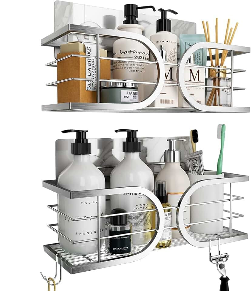 Shower Caddy No Drill Wall Mounted 304 Stainless Steel Durable Large Capacity Adhesive Shower Rack Organiser Quick Dry Rustproof Bathroom Storage Shelves - 2 Pack (Silver)