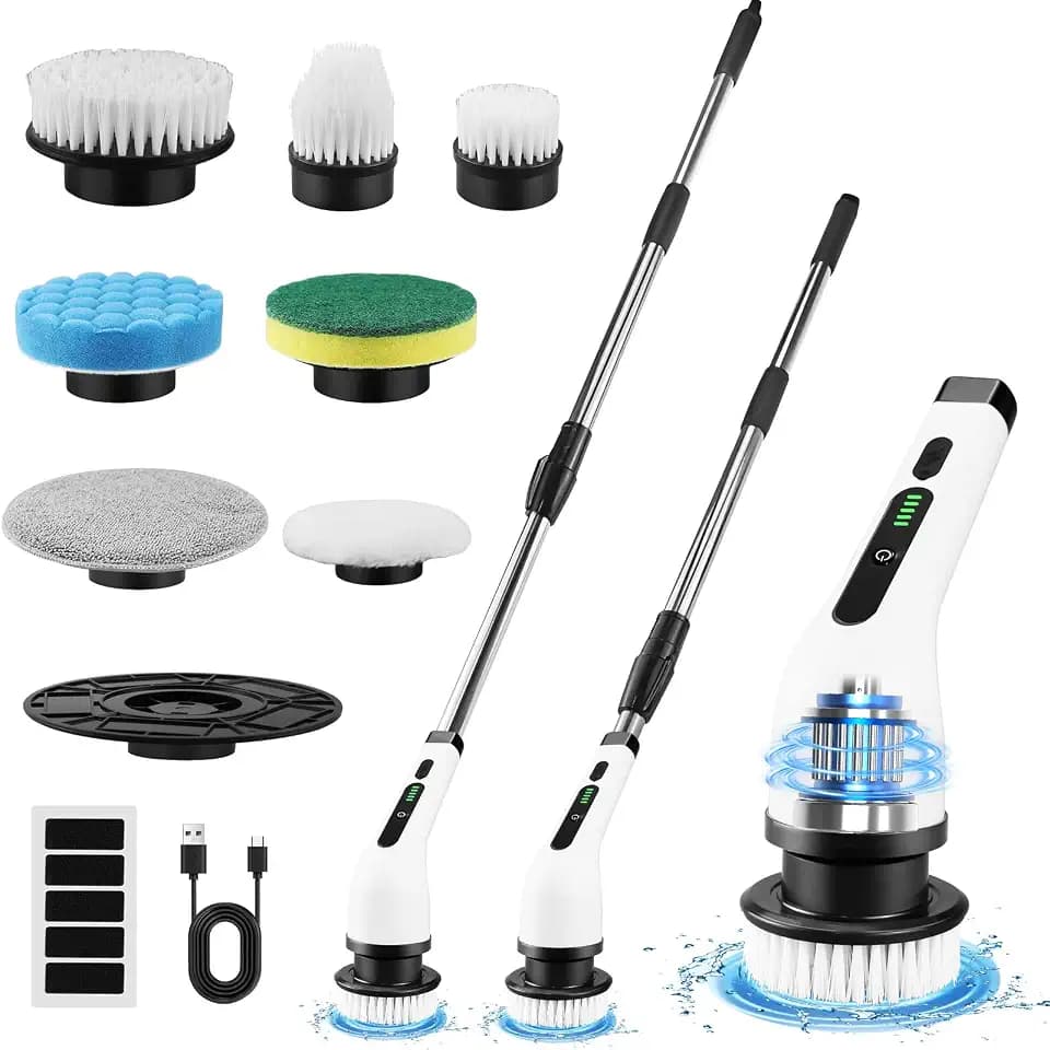 Elektrische Rotierende Reinigungsbürste Haushalt Set, mit Akku Electric Cleaning Brush Bad, mit 7 Austauschbaren Bohrköpfen, Schrubber Fliesenreiniger Gerät mit Verstellbarem Griff, für Boden, Auto