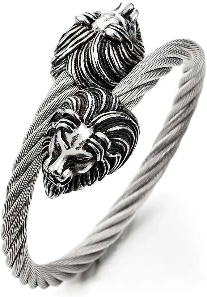 COOLSTEELANDBEYOND Mens Elastic Adjustable Lion Head Bangle Bracelet Stainless Steel Twisted Cable Cuff Bracelet