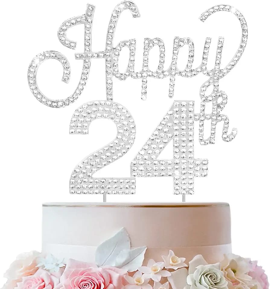 LINGTEER Happy 24th Birthday Silver Rhinestone Cake Topper - Cheers to 24th Birthday 24 Years Old Party Cake Centerpieces Topper Decorations Gift Sign.