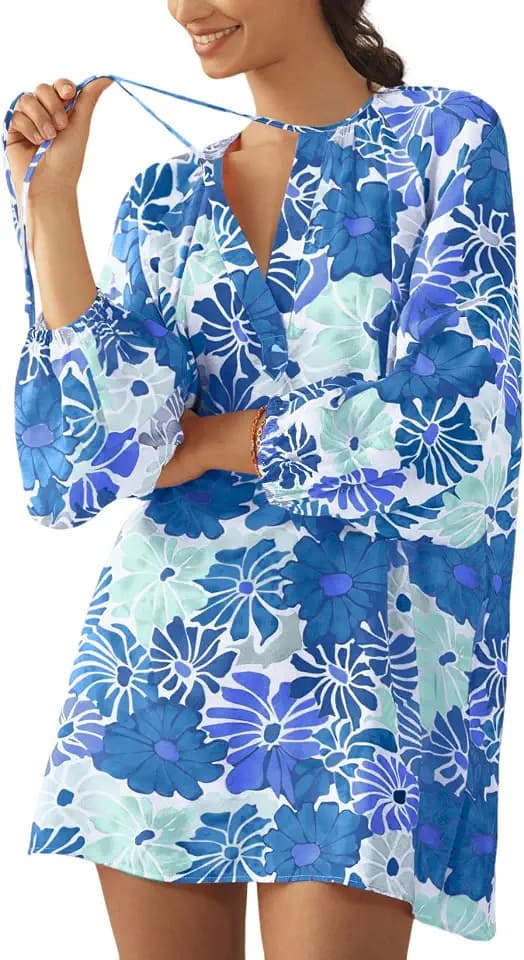 Boho Floral Tunic Dress for Women Long Sleeve Loose Fit Summer Vacation Cover Up Short Dress