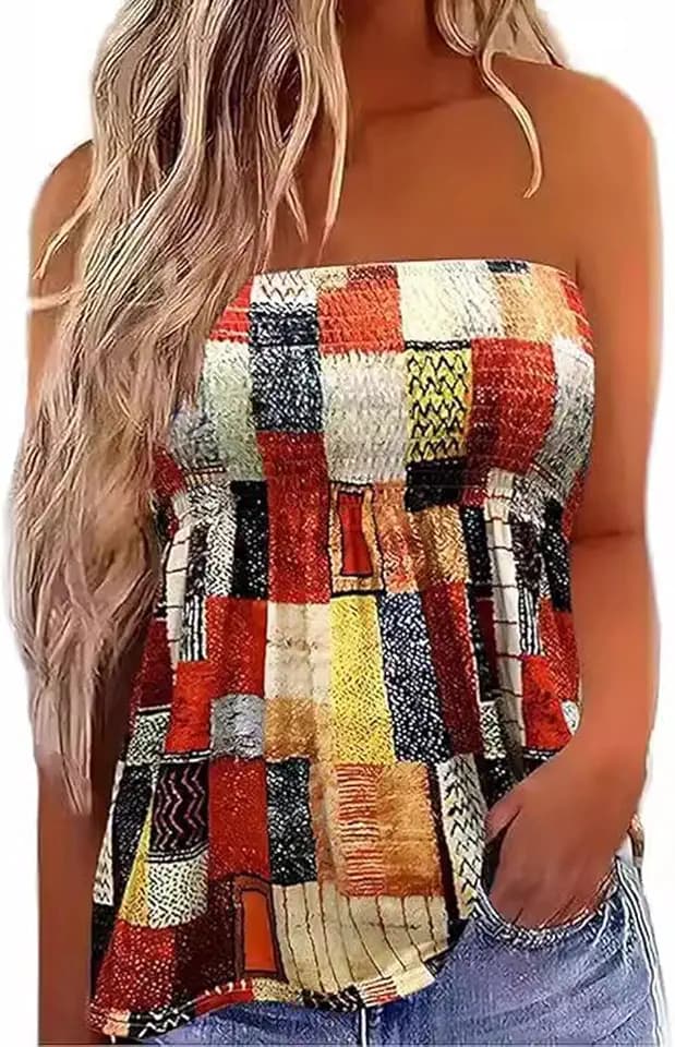 Womens Smocked Strapless Bandeau Tank Tops Pleated Strapless Tops