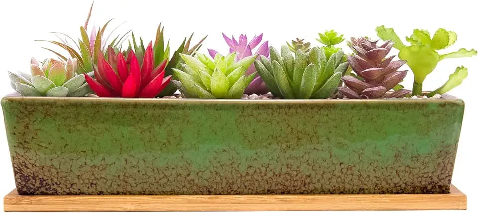 ARTKETTY Keramik-Sukkulenten-Blumentöpfe, 30 cm, modern, lang, rechteckig, Blumenbehälter mit Tablett, Flacher Kaktus-Bonsai-Fensterkasten mit Drainage, für Innen- und Außenbereich, Heimdekoration