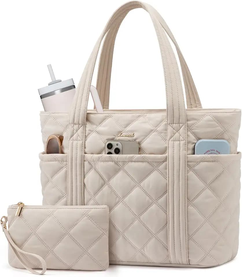 LOVEVOOK Puffer Tote Bag for Women, Puffy Work Handbag with Cup Holder, Travel Carry On Bag with Zipper for Teacher Nurse Gym