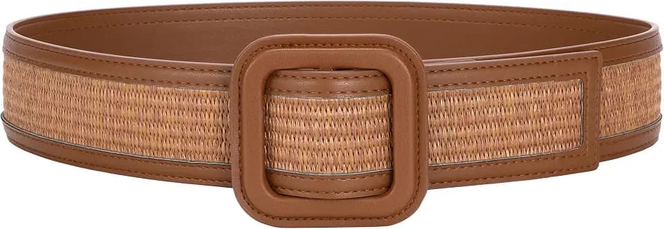 TRIWORKS Straw Woven Belts for Women Wide Waist Leather Boho Briaded Belt No‑Hole Adjustable for Dresses