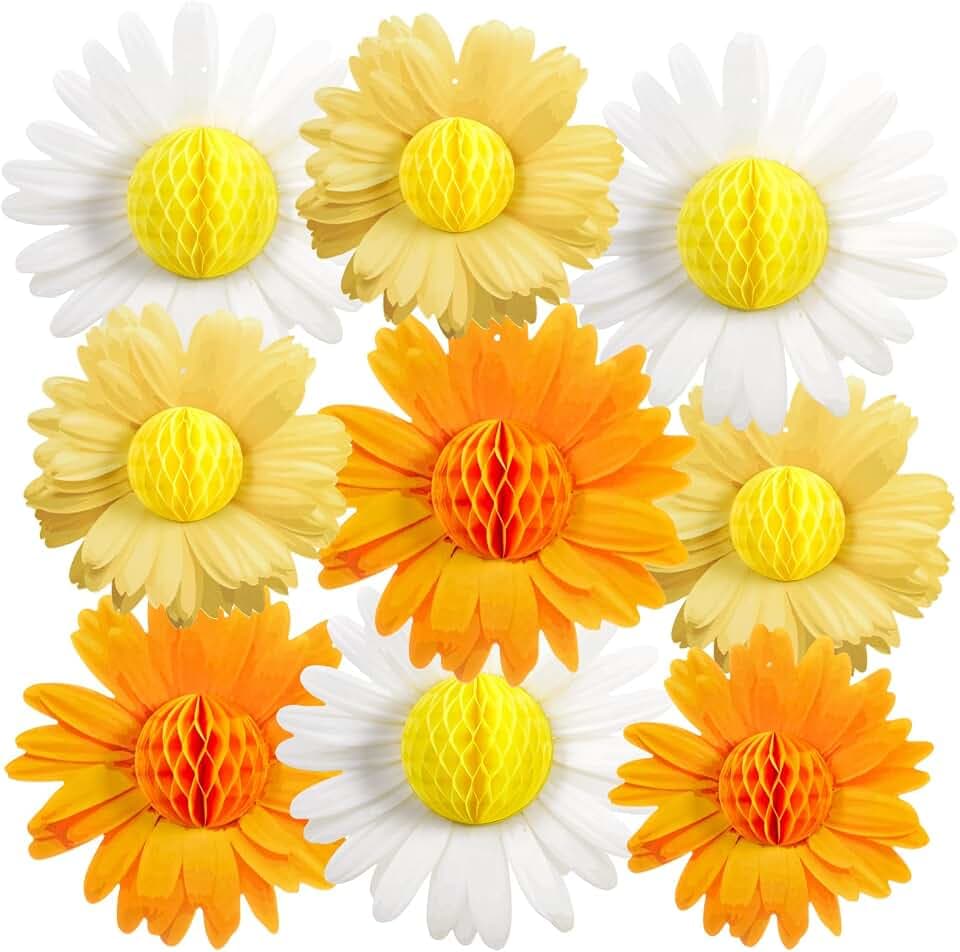 Paper Jazz 9pcs Daisy Paper Flower Decorations, White Yellow Orange Honeycomb Hanging Decor, Spring Party Celling Sign Boho Happy Birthday Supplies for Garden Classroom Baby Shower Birthday Party
