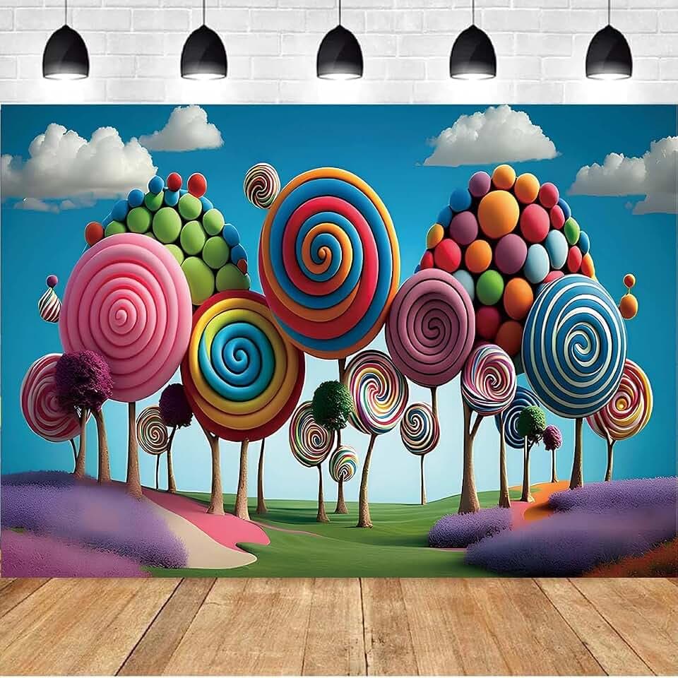 3D Candyland Birthday Background Cartoon Candy Lollipop Colorful Mountain Fantasy Wonderland Sweet Cute for Kids Girls 1st One Birthday Background Cake Smash Decor Backdrop (7x5feet)
