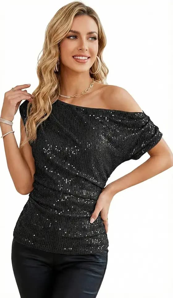 One Shoulder Sequin Tops for Women Off Shoulder Sparkly Shirt Elegant Asymmetrical Ruched Glitter Shirt