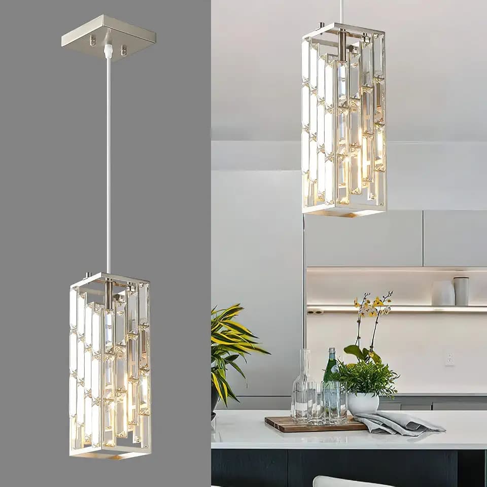 Brushed Nickel Pendant Lighting Modern Pendant Light, Mini Crystal Chandeliers, Adjustable Pendant Light Fixture for Kitchen Island Dinning Room Bedroom (1 Pack)