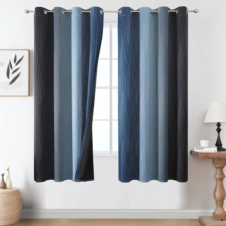 Navy Blue and Black Ombre Blackout Curtains for Bedroom 63 Inch Length