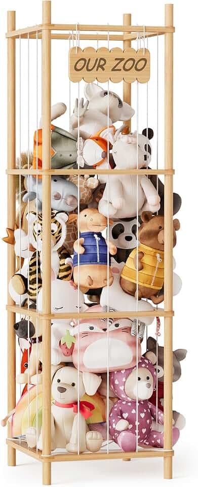 SpaceAid Stuffed Animal Storage Organizer, Wood Animals Zoo Toy Plushies Storage Holder, Large Capacity Plush Toy Cage for Playroom Organization, 15.8" Wide, Natural