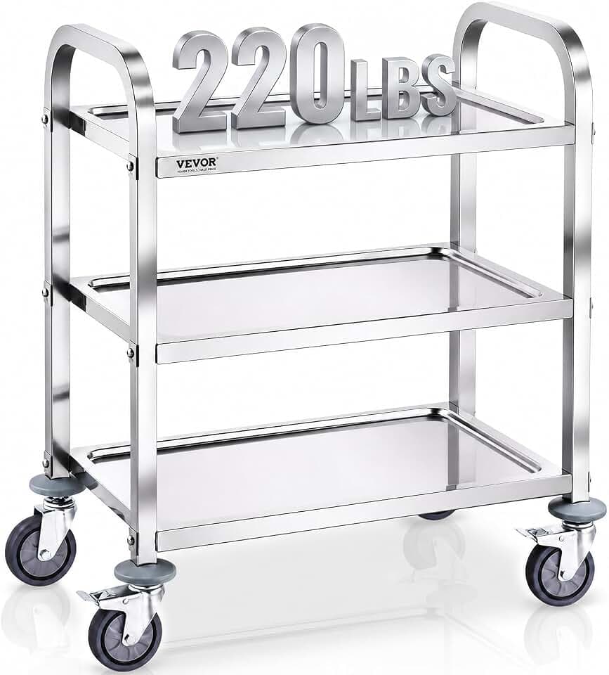 VEVOR Stainless Steel Cart, 3 Layers Lab Utility Cart 220 lbs Weight Capacity, Medical Cart with Lockable Universal Wheels, for Lab, Clinic, Kitchen, Salon