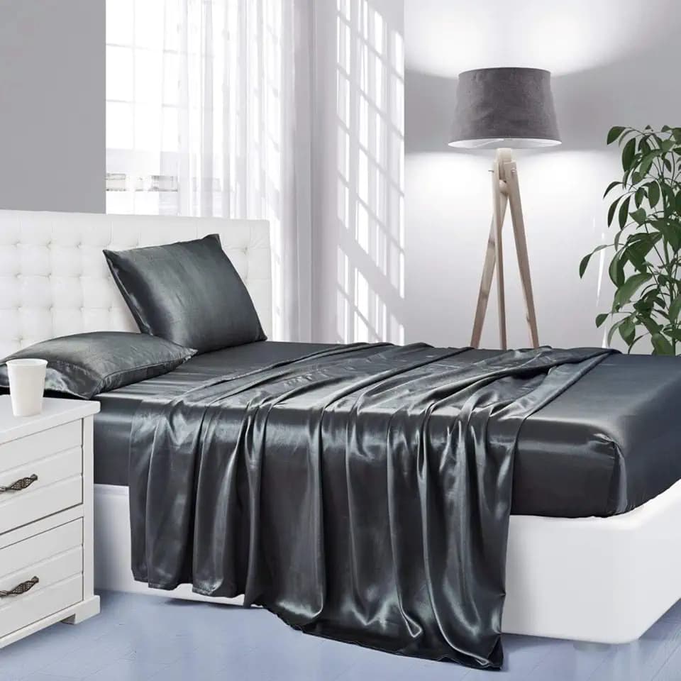 Silk like Satin Sheets, Queen Size Bed Sheet Set, Grey, 4 Piece