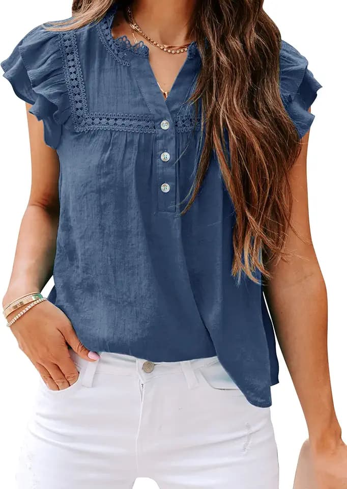 Women's V Neck Lace Crochet Shirts Button Down Short Sleeve Casual Blouse Tops