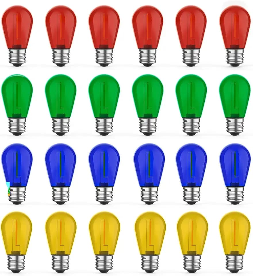 GvvooHome 24 Pack S14 Colored LED String Light Bulbs, 1W Plastic Shatterproof Replacement Bulbs for Outdoor Patio Backyard Lights, E26 Medium Base, Warm White 2200K, Dimmable, Red/Green/Blue/Orange