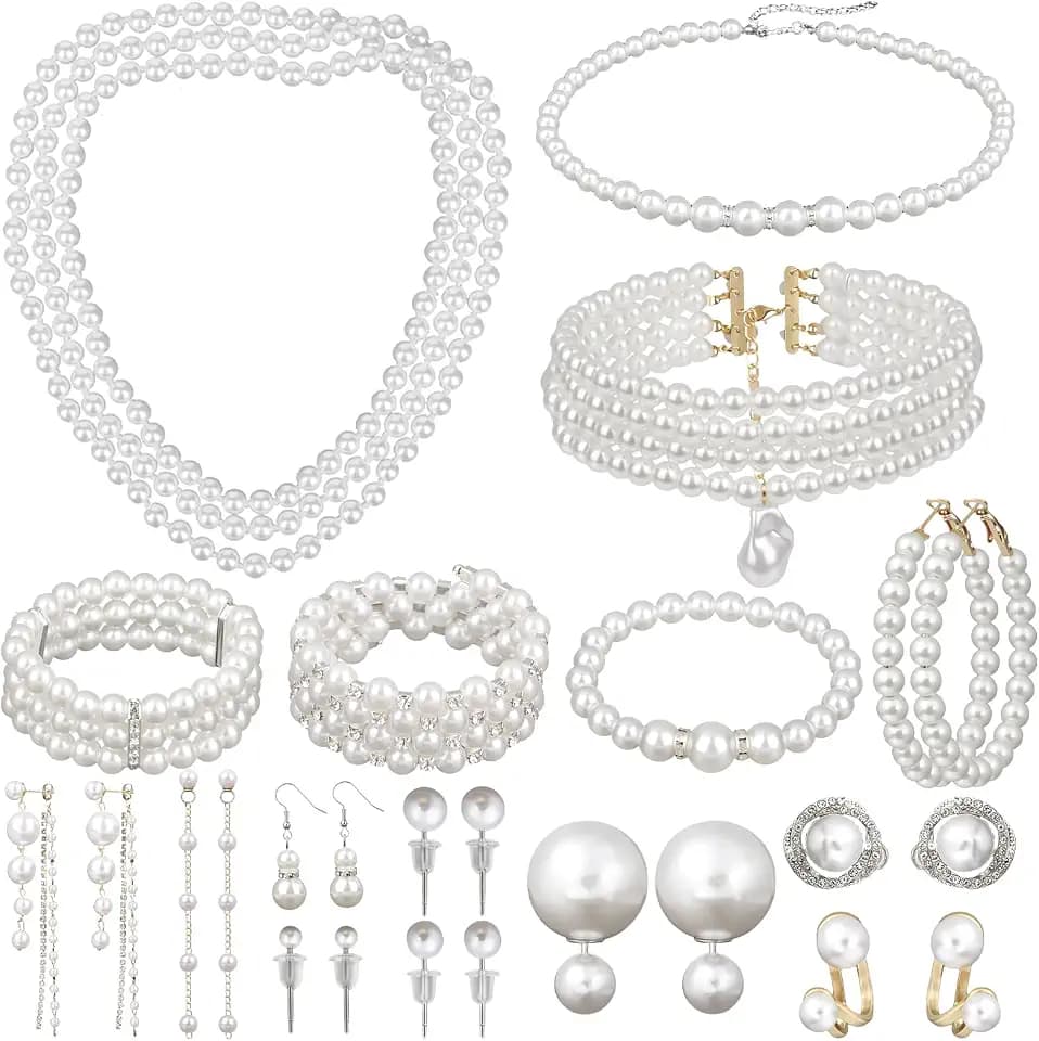 Jupwalz 11/16 PCS Pearl Jewelry Set with Necklace, Earrings and Bracelets, Pearl Necklaces for Women, Faux Pearls Set Jewelry for Wedding, Bridal, Christmas Party