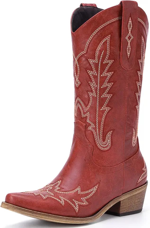 Rivalran Cowboy Boots for Women - Cowgirl Boots with Embroidery, Chunky Heel Pointed Toe Pull-on Vintage Western Mid Calf Fashion Boots for Ladies