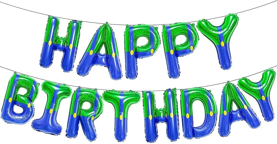 Super Bros Happy Birthday Banner Party Decorations Balloons with Green Blue Cartoon Game Characters Theme Style Letters Signs Party Supplies for Boy's