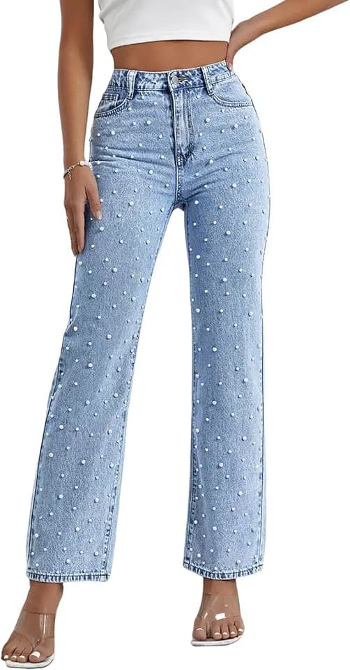 EZAPINE Pearl Jeans for Women High Waisted Straight Leg Denim Pants Beaded Jeans Wide Leg Trendy Y2K Casual Jean Pants