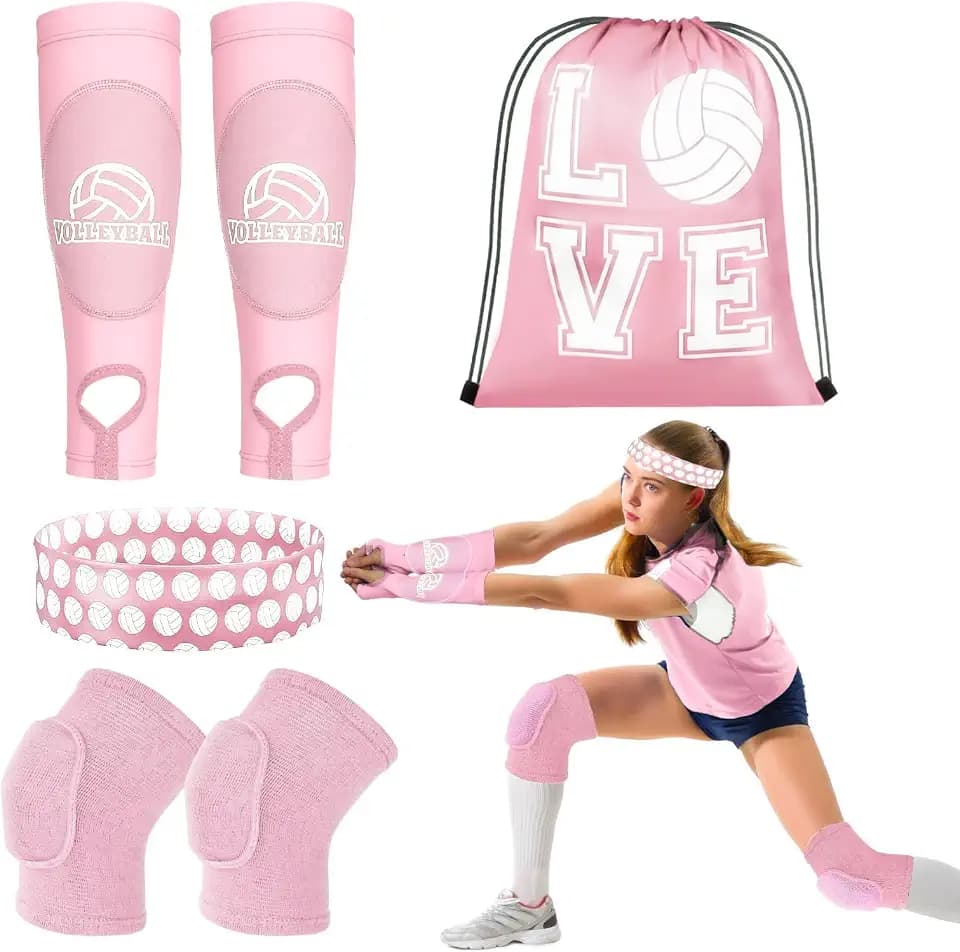6 Pcs Volleyball Knee Pad and Arm Sleeve Volleyball Accessories Drawstring Bag Softball Headbands Volleyball Protection Equipment Gifts for Women Teens Training
