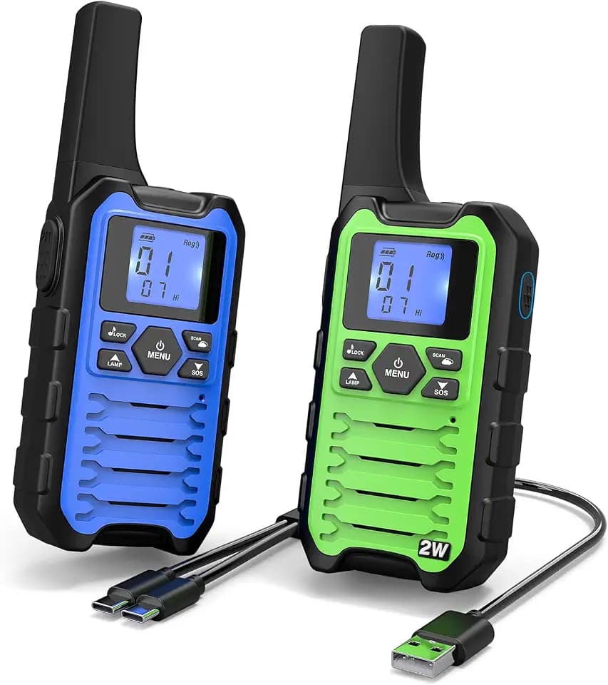 Wishouse K15 Walkie Talkies Long Range for Adults, Rechargeable Two-Way Radios 2 Pack, 2W FRS, 22 Channels, USB-C, Flashlight, NOAA/SOS, Quick Pair, for Camping & Hunting, Emergency Use, Blue Green