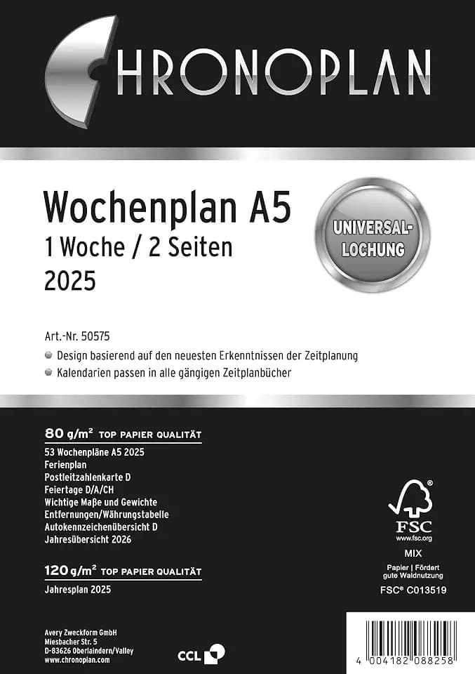 Chronoplan 50575 Kalendereinlage 2025 (Wochenplan A5 (148x210mm) Ersatzkalendarium für Terminplaner, ideal für detaillierte Wochenplanung, 1 Woche auf 2 Seiten in Zeilen, mit Universallochung) weiß