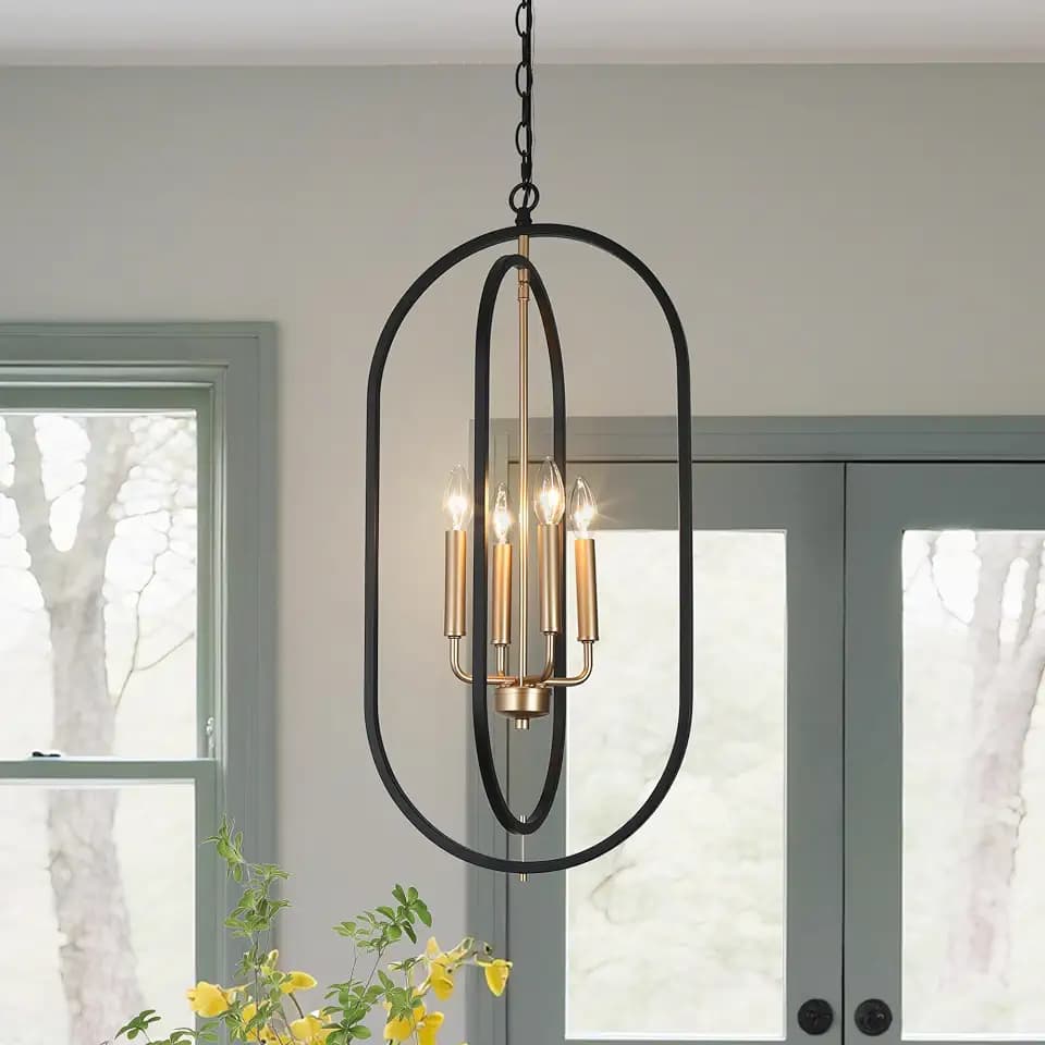 KSANA Black Gold Chandelier, Mid-Century Modern 4-Light Oval Pendant Light Fixture for Foyer, Dining Room and Kitchen