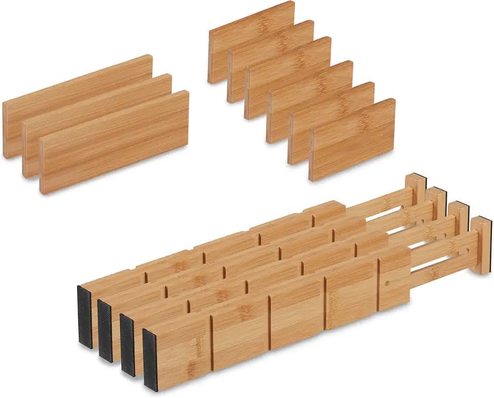 Relaxdays Schubladentrenner, 13-tlg. Set, verstellbare Länge von 34 bis 43,5 cm, Bambus, Schubladenteiler Küche, natur
