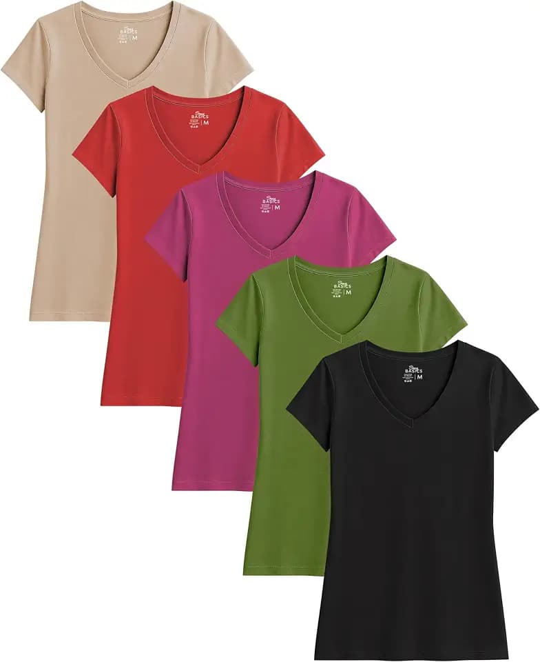 Sexy Basics Womens' Cotton Stretch V Neck Color T Shirts | Casual & Active Basic Short Sleeve Tops | Multi Packs
