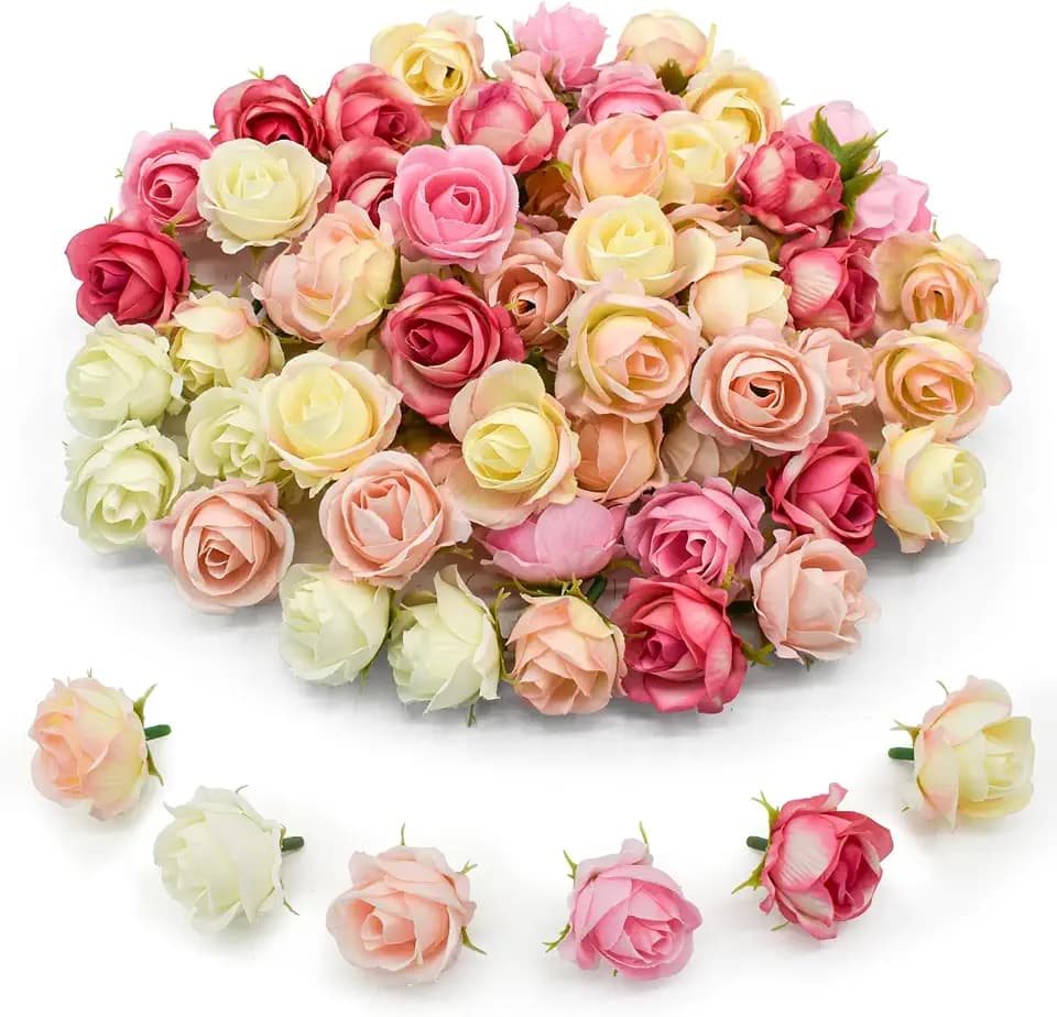 60Pcs Rose Artificial Flowers Heads 1.6" Multicolor Mini Fake Roses Silk Flowers Heads Bulk for Crafts Wall Garden Party Wedding Garland Wreath Cake Home Decor (6 Colors Mixed)