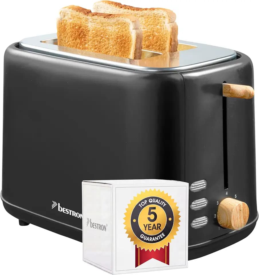 Bestron Toaster für 2 Toastscheiben, inkl. Brötchenaufsatz, 7 Bräunungsstufen & Krümelschublade, 800 Watt, Black & Wood-Design, Farbe: Schwarz / Holz
