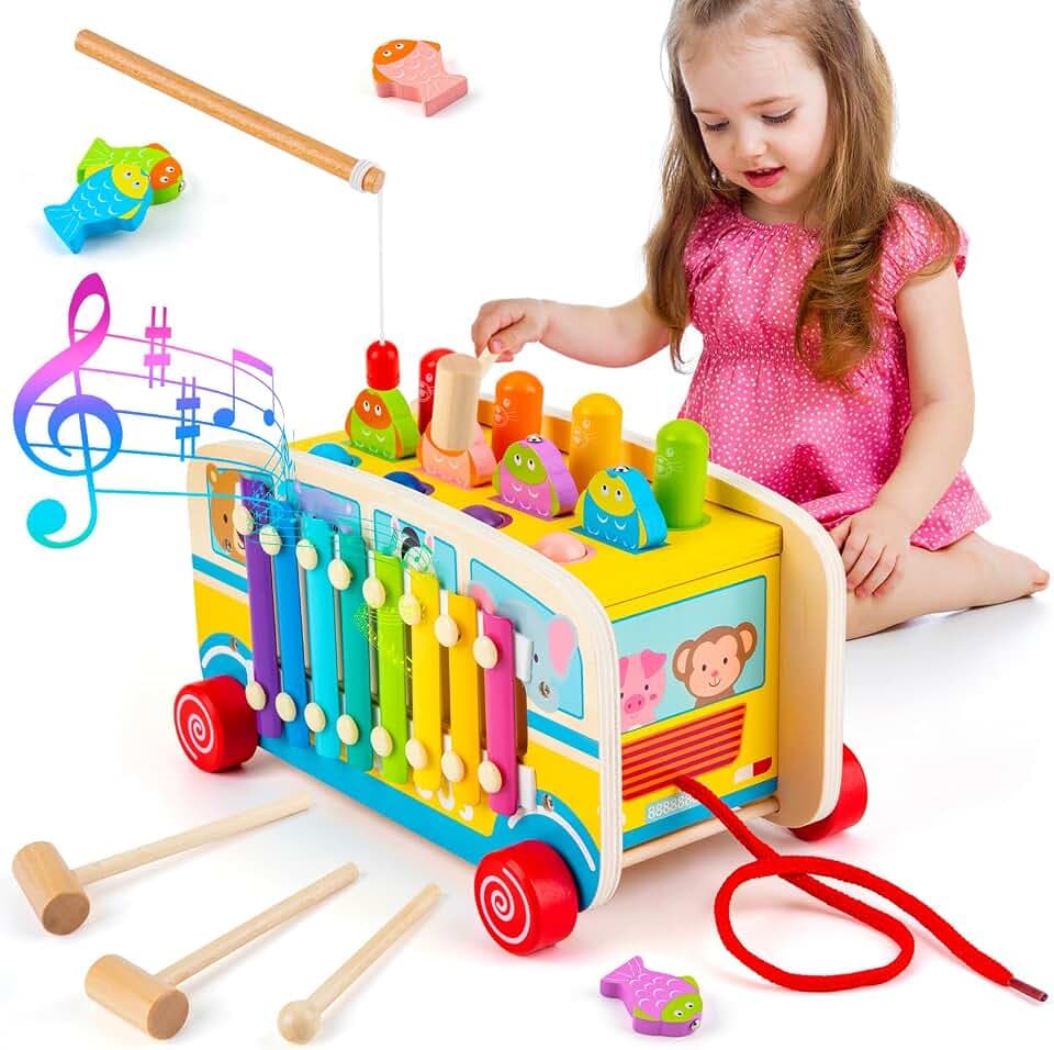 Sundaymot Montessori Spielzeug ab 1 Jahr, 4-in-1 Hammerspiel Spielzeugkiste, Motorikspielzeug Holzspielzeug Kinderspielzeug ab 3 4 5 6 7 Jahre Geschenk für Mädchen Junge -Bus Version