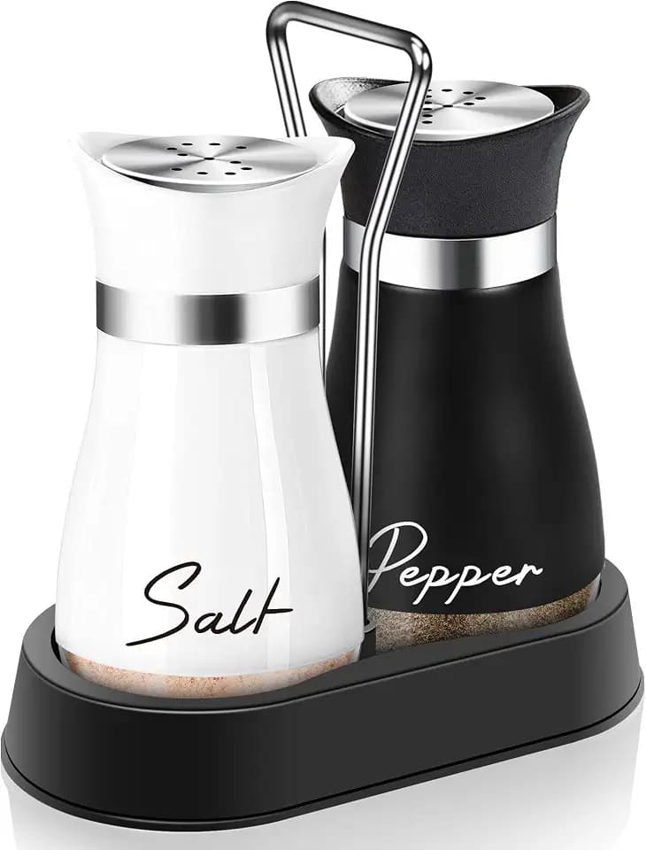 Salt and Pepper Shakers - 4 oz Black and White Set with Holder for Kitchen