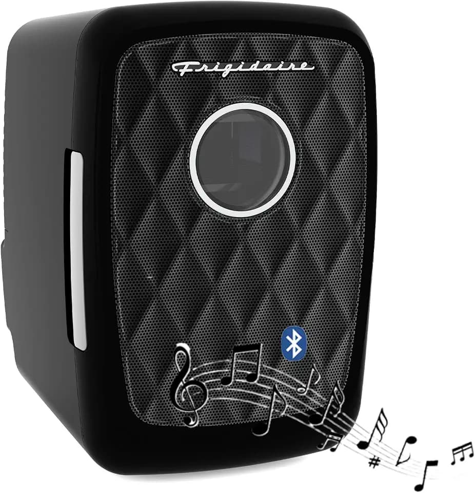 Frigidaire Mini Portable Compact Personal Fridge Cooler, 4 Liter Capacity Chills Six 12 oz Cans, Includes Plugs for Home Outlet & 12V Car Charger - BLACK, BUILT IN BLUETOOTH SPEAKER