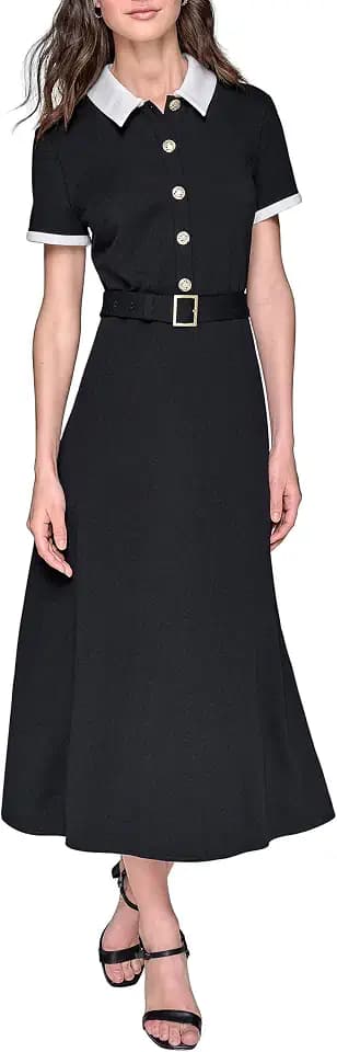 Karl Lagerfeld Women's Contrast Collar and Sleeve Trim Midi Dress