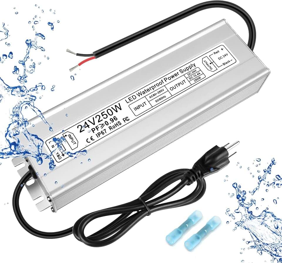 LED Driver 250W 24V Power Supply, IP67 Waterproof Low Voltage Transformer, AC 80-265V to DC 24V 10.4A Converter with 3-Prong Plug 3.3Ft Cable for Outdoor LED Strip & Landscape Lighting