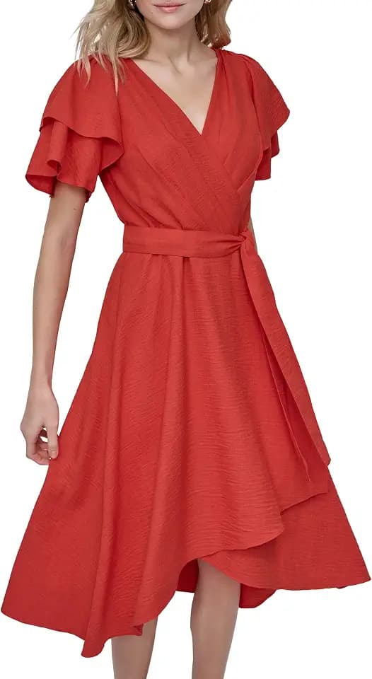 DKNY Women's Double Ruffle Sleeve Asymmetrical Hem Faux Wrap Dress