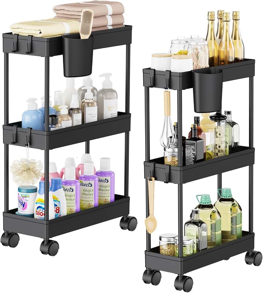 2PCS 3 Ebenen Aufbewahrungswagen mit Rollen, Platzsparender Mobiler Schmaler Badezimmerwagen, Minimalistisch allzweckwagen für Bad & Küche, Schwarz