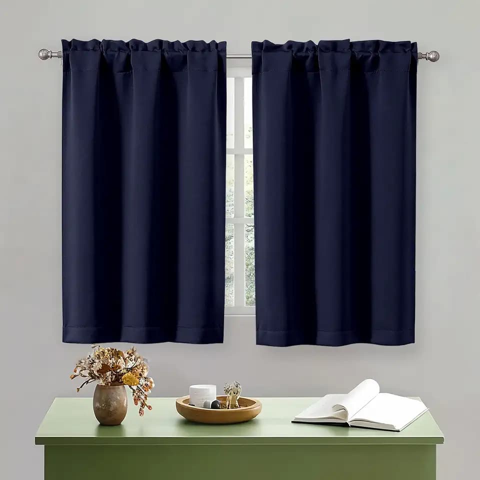 OWENIE Navy Blue Short Blackout Curtains 45 Inch Length 2 Panels Set for Small Kitchen Bedroom Window, Rod Pocket Privacy Curtains Tier for Bathroom Basement Cabinet Camper RV Bunk, Each 30" Wx45 L