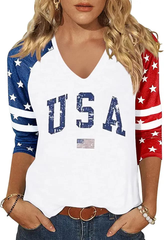 4th of July V Neck Shirt for Women:USA Flag Graphic 3/4 Sleeve Tee Stars and Stripes Tshirt Red White and Blue Tops