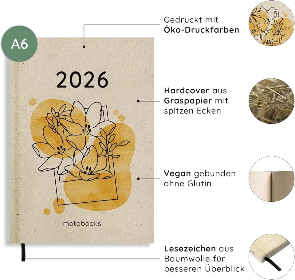 matabooks – A6 Kalender Samaya 2026 Farbe: Yellow (DE/EN): Veganer Jahresplaner aus nachhaltigem Graspapier