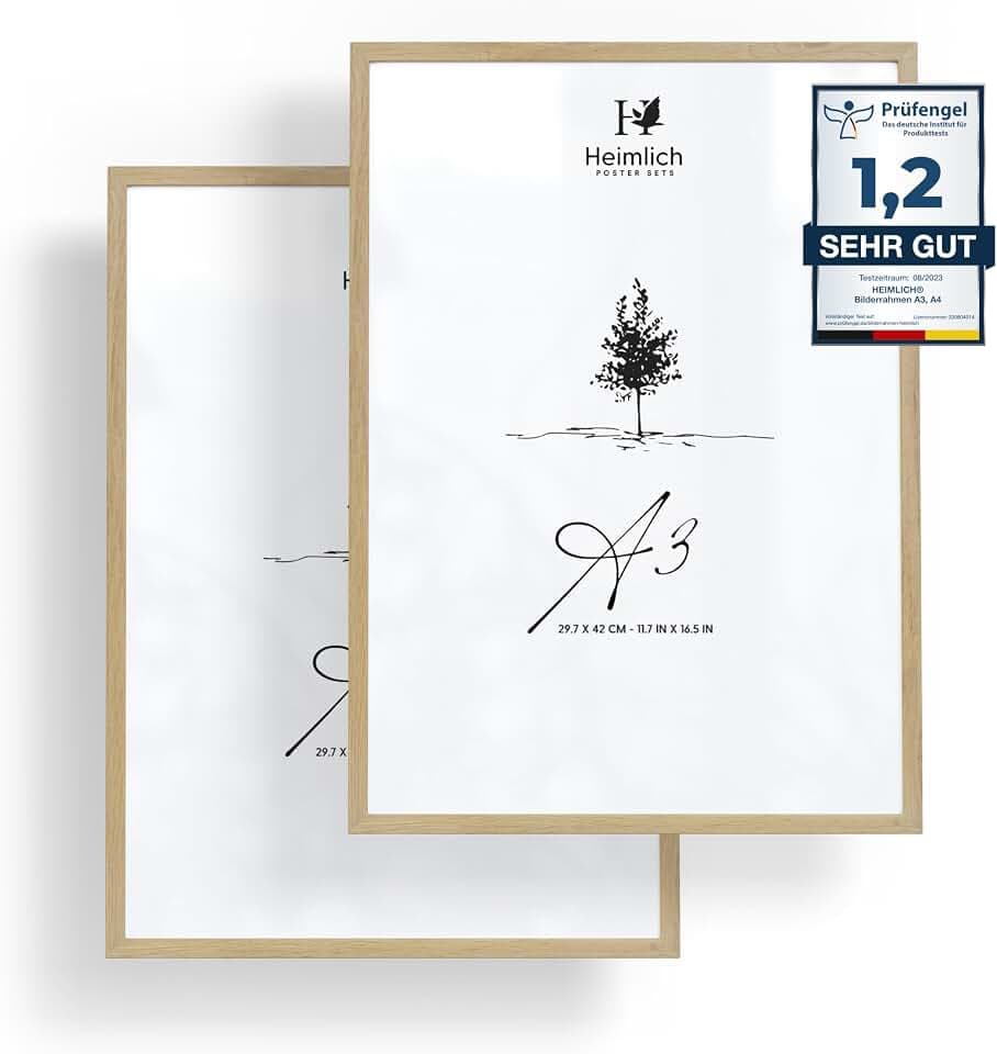 Heimlich® - Bilderrahmen - A3 29,7x42 cm, Kiefernholz, Eichenfarbe, 2er-Pack - Kleine Posterrahmen - Nur zur Wandmontage