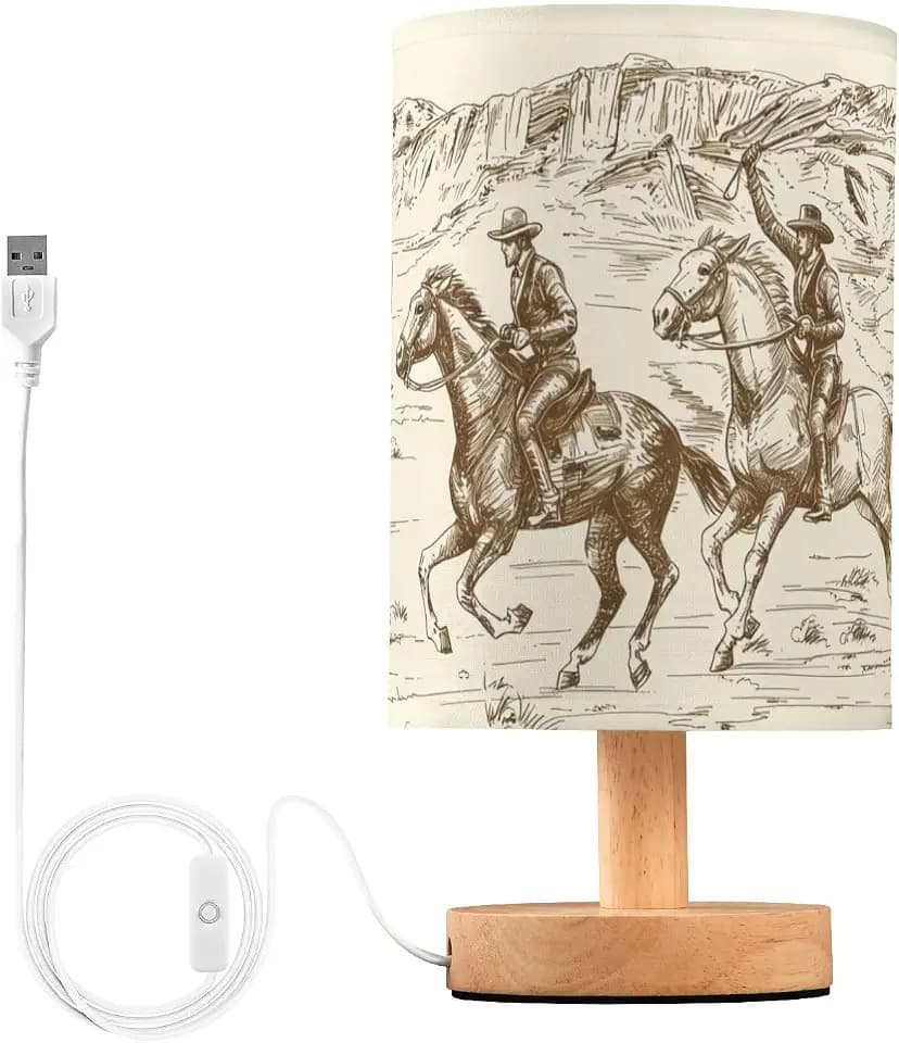 Bedside Lamp Western Desert Cowboy Table Lamp for Bedroom LED Nightstand Lamp Shade USB Ports Wood Base for Living Room Dorm Office