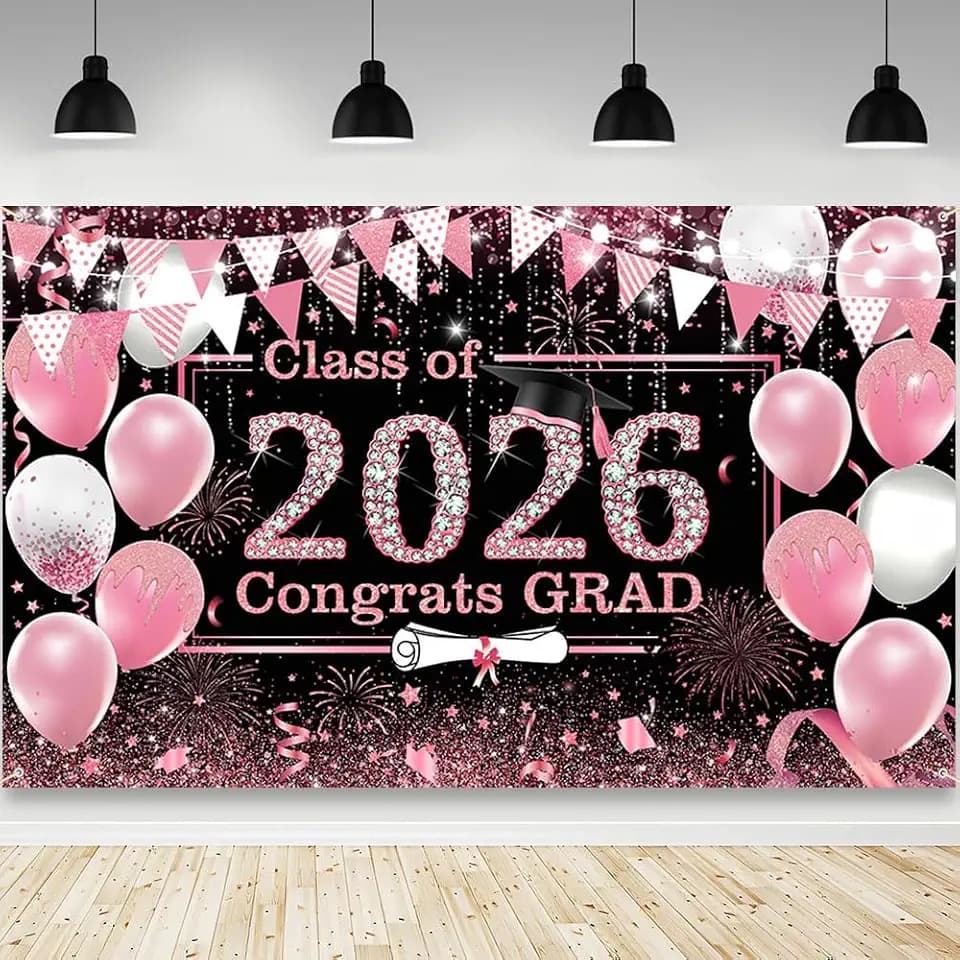 AIBIIN Pink Graduation Backdrop Decorations 2026 Pink Graduation Bnner Class of 2026 Congratulations Graduate Banner Prom Party Decorations Supplies Banner Photo Props 70.8 x 43.3 inch